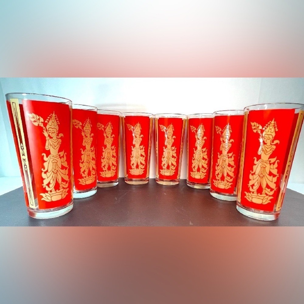 Unbranded Thai Goddess Highball Glasses Set of 8 Red Gold Vintage Excellent